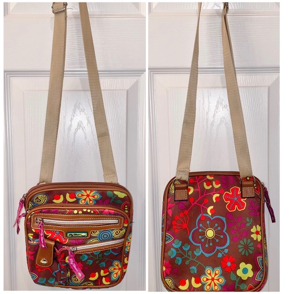 Lily Bloom Purse Vivid Colors on Brown Background Multi Pockets - Picture 5 of 8